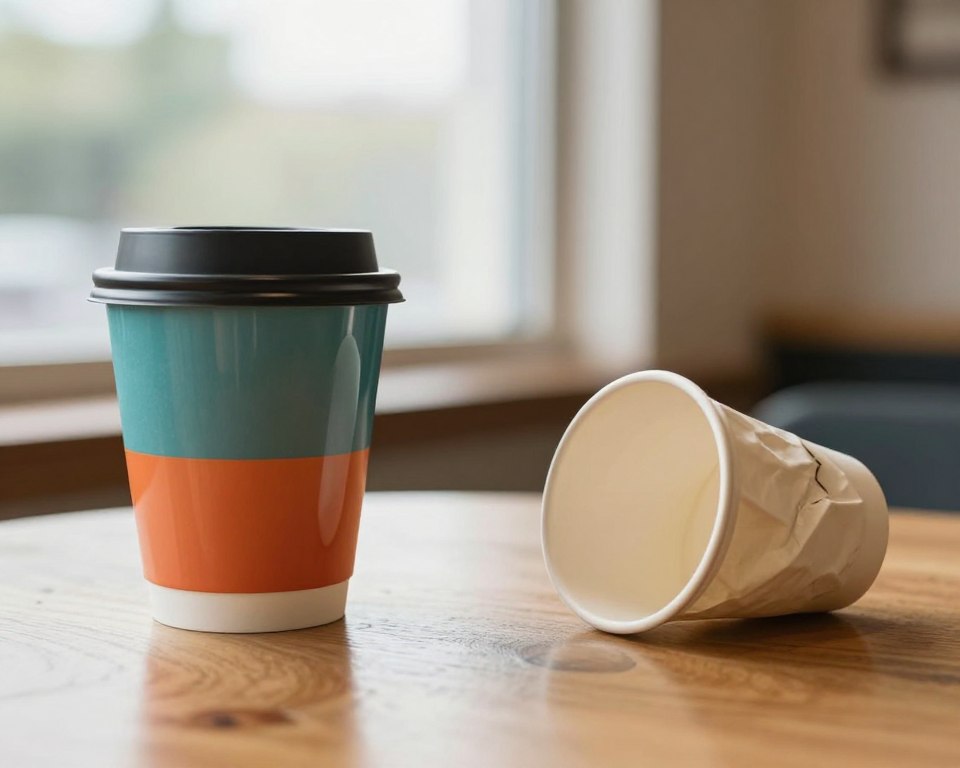 A split-image composition showcasing the contrast between reusable and disposable coffee cups. In the foreground, a glossy, colorful reusable coffee cup sits proudly on the left, reflecting light for a vibrant feel, while on the right, a worn-out, crumpled disposable coffee cup appears slightly tilted, conveying neglect. In the middle, a simple wooden table enhances the warmth of the scene. The background features soft, diffused natural light streaming in from a nearby window, creating an inviting atmosphere that emphasizes eco-friendliness. Use a shallow depth of field, focusing on the cups while gently blurring the background to keep the attention on the comparison. Aim for a thoughtful and informative mood, encouraging viewers to consider their choices.