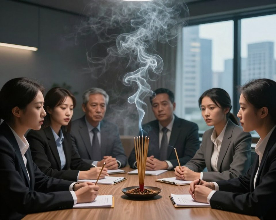 A split-scene comparison illustrating the health impact of burning incense versus secondhand tobacco smoke. In the foreground, a group of diverse professionals in business attire holds a discussion in a dimly lit room, surrounded by clouds of incense smoke curling elegantly upwards, symbolizing tranquility yet hinting at hidden dangers. In contrast, the middle section features an ominous grey haze of tobacco smoke, contrasting the incense's warm colors, indicating toxicity. Soft ambient lighting highlights the facial expressions of concern among the professionals. The background shows a window with a view of a city skyline, subtly conveying the urban environment’s air quality challenges. The atmosphere is tense yet informative, capturing the seriousness of air pollution and health impacts. A split-scene comparison illustrating the health impact of burning incense versus secondhand tobacco smoke. In the foreground, a group of diverse professionals in business attire holds a discussion in a dimly lit room, surrounded by clouds of incense smoke curling elegantly upwards, symbolizing tranquility yet hinting at hidden dangers. In contrast, the middle section features an ominous grey haze of tobacco smoke, contrasting the incense's warm colors, indicating toxicity. Soft ambient lighting highlights the facial expressions of concern among the professionals. The background shows a window with a view of a city skyline, subtly conveying the urban environment’s air quality challenges. The atmosphere is tense yet informative, capturing the seriousness of air pollution and health impacts.
