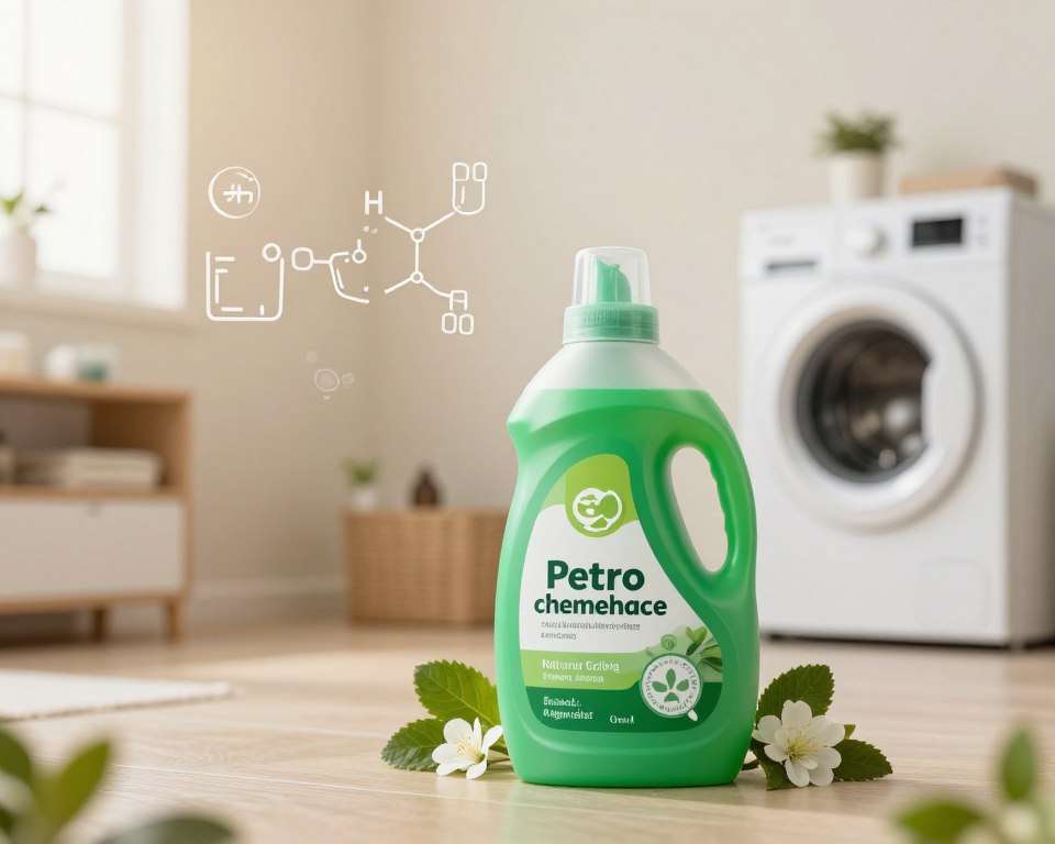 A split scene illustrating the contrast between petrochemical derivatives and a safe, eco-friendly cleaning alternative. In the foreground, a bottle of bright green petrochemical-free detergent is prominently displayed, with visible labels emphasizing its natural ingredients. Surrounding it are subtle hints of nature, like leaves and flowers, symbolizing purity. The middle ground shows chemical formulas and icons representing toxins, fading into shadows, creating a sense of danger. The background features a clean laundry room bathed in warm, soft lighting, evoking a feeling of safety and comfort. Use a wide-angle lens effect to capture the entire scene, creating a balanced composition that conveys the message of the potential risks associated with petrochemical cleaning products. The overall atmosphere should feel educational yet serene, focusing on the importance of health and safety in cleaning. A split scene illustrating the contrast between petrochemical derivatives and a safe, eco-friendly cleaning alternative. In the foreground, a bottle of bright green petrochemical-free detergent is prominently displayed, with visible labels emphasizing its natural ingredients. Surrounding it are subtle hints of nature, like leaves and flowers, symbolizing purity. The middle ground shows chemical formulas and icons representing toxins, fading into shadows, creating a sense of danger. The background features a clean laundry room bathed in warm, soft lighting, evoking a feeling of safety and comfort. Use a wide-angle lens effect to capture the entire scene, creating a balanced composition that conveys the message of the potential risks associated with petrochemical cleaning products. The overall atmosphere should feel educational yet serene, focusing on the importance of health and safety in cleaning.