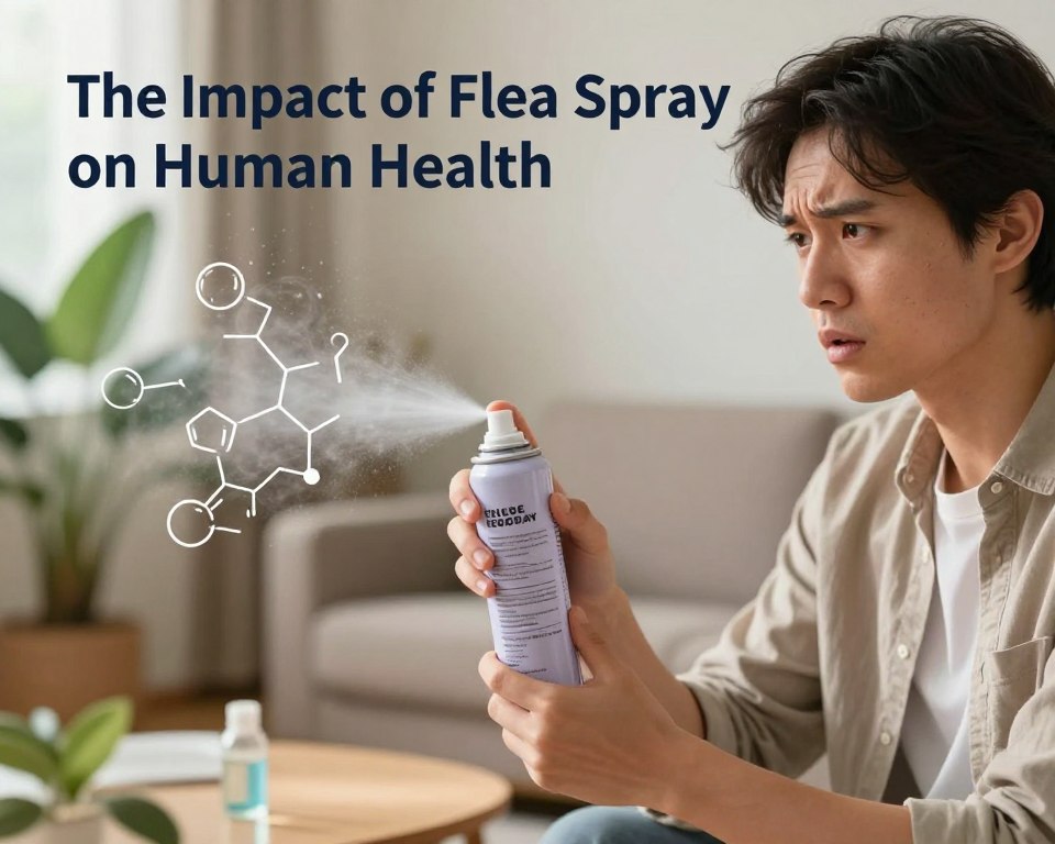 A split-scene illustration depicting "The Impact of Flea Spray on Human Health". In the foreground, a professional person in modest casual clothing examines a flea spray canister, showing visible concern. The middle ground features a stylized graphic representation of air particles and chemical structures dispersing, symbolizing the spray's effects on health. In the background, a serene home environment with plants and soft lighting contrasts with the toxic imagery. Ambient, warm lighting emphasizes the duality of safety and danger. Use a slightly blurred lens effect in the background to create depth, while ensuring the focus remains sharp on the individual and the flea spray. The overall mood should evoke a sense of caution and awareness about health implications.