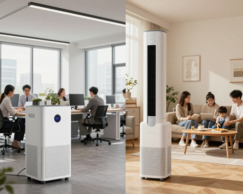 A split-scene image contrasting HEPA filtration systems in a commercial space on the left and a residential space on the right. The commercial side features a sleek, modern office with large windows, showcasing an advanced HEPA air purifier operating among professional business attire individuals engaged in collaborative work. The lighting is bright and efficient, highlighting the clean lines of the office. On the residential side, a cozy living room with warm, soft lighting displays a stylish HEPA air purifier next to a family sitting comfortably together, engaged in leisure activities. The atmosphere conveys a sense of cleanliness and health, emphasizing the effectiveness of HEPA filters in both environments. The lens angle is slightly elevated, giving a clear view of both spaces while keeping them balanced and focused. A split-scene image contrasting HEPA filtration systems in a commercial space on the left and a residential space on the right. The commercial side features a sleek, modern office with large windows, showcasing an advanced HEPA air purifier operating among professional business attire individuals engaged in collaborative work. The lighting is bright and efficient, highlighting the clean lines of the office. On the residential side, a cozy living room with warm, soft lighting displays a stylish HEPA air purifier next to a family sitting comfortably together, engaged in leisure activities. The atmosphere conveys a sense of cleanliness and health, emphasizing the effectiveness of HEPA filters in both environments. The lens angle is slightly elevated, giving a clear view of both spaces while keeping them balanced and focused.