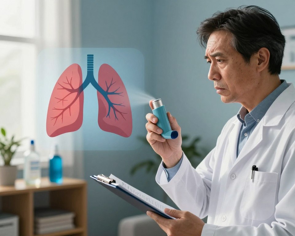 A split-scene image depicting the link between air fresheners and asthma attacks. In the foreground, a person in professional attire, a middle-aged individual wearing a lab coat, examines an air freshener while looking concerned, holding a clipboard with charts. In the middle ground, a stylized diagram shows an asthma inhaler and illustrations of lung diagrams indicating irritation. The background features a living room setting with various air fresheners on a shelf, and sunlight filters through a window, creating a warm but tense atmosphere. Soft shadows enhance the focus on the individual and the air freshener. The color palette includes calming blues and warm tones to evoke a sense of inquiry and concern about health.