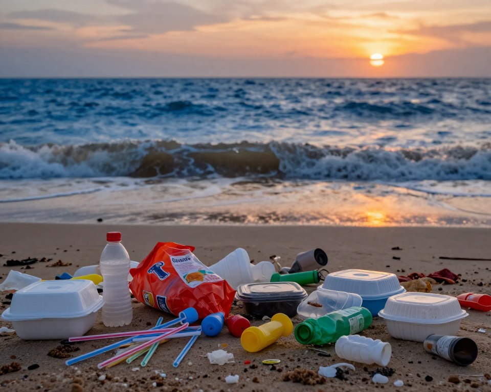 A striking composition illustrating the impact of single-use plastics on the environment. In the foreground, a diverse array of discarded plastic items, such as straws, bags, and food containers, is scattered on a polluted beach, polluting the sand. In the middle ground, a turbulent ocean reflects shades of deep blue and murky brown, symbolizing the toxic effects of plastic waste on marine life. In the background, a sunset casts a warm but eerie glow over the scene, juxtaposing beauty with degradation. Soft diffused lighting enhances the textures of the plastics and the ocean, while a shallow depth of field focuses on the foreground debris, evoking a mood of urgency and concern about environmental toxicity linked to single-use plastics.