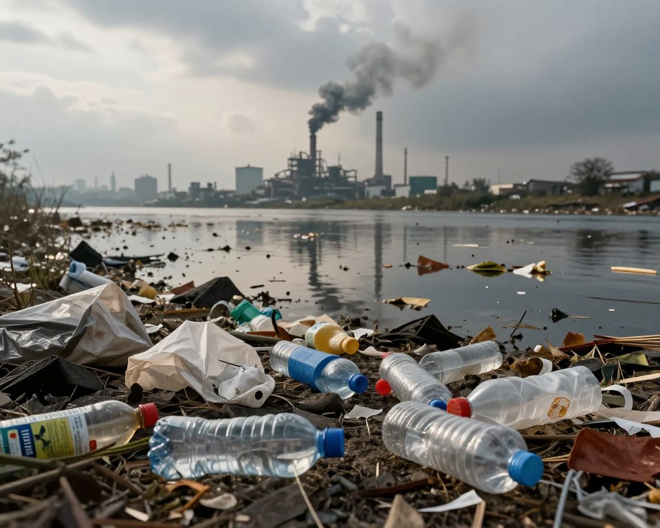 A striking image depicting the environmental impact of polypropylene and plastic waste, illustrating a polluted landscape in the foreground with discarded plastic items, such as water bottles and bags, cluttering the ground. In the middle, a body of water is choked with floating debris, reflecting a somber atmosphere. In the background, a factory emits smoke into a gray sky, emphasizing industrial pollution. Soft, diffused natural light creates dramatic shadows, enhancing the scene's urgency and despair. The composition follows a slightly elevated angle to capture the vastness of pollution while evoking a sense of sadness and concern for sustainability. The color palette features muted tones of gray and brown, symbolizing decay and environmental degradation. A striking image depicting the environmental impact of polypropylene and plastic waste, illustrating a polluted landscape in the foreground with discarded plastic items, such as water bottles and bags, cluttering the ground. In the middle, a body of water is choked with floating debris, reflecting a somber atmosphere. In the background, a factory emits smoke into a gray sky, emphasizing industrial pollution. Soft, diffused natural light creates dramatic shadows, enhancing the scene's urgency and despair. The composition follows a slightly elevated angle to capture the vastness of pollution while evoking a sense of sadness and concern for sustainability. The color palette features muted tones of gray and brown, symbolizing decay and environmental degradation.