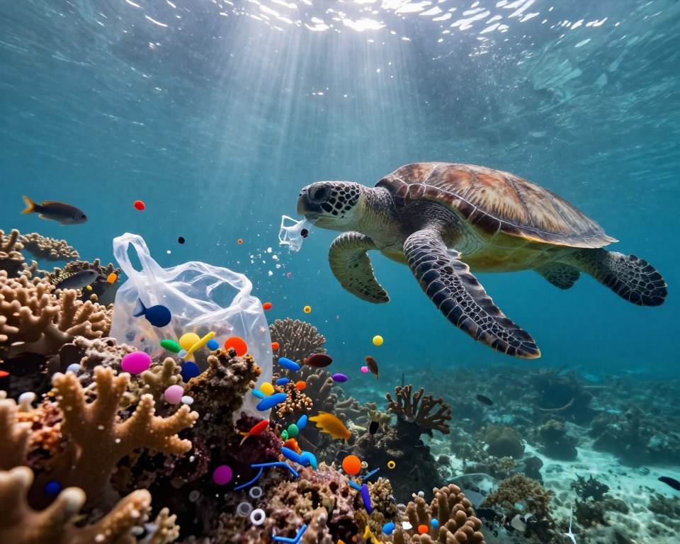 A striking underwater scene depicting the environmental impact of microplastics on marine life and aquatic ecosystems. In the foreground, a vibrant coral reef teeming with fish is partially obscured by colorful microplastics scattered throughout. Schools of small fish swim near a plastic bag, highlighting the danger posed to marine creatures. In the middle ground, a sea turtle is seen attempting to consume a plastic item, representing the dire consequences of ingestion. The background features a murky ocean with light rays filtering in, creating a somber yet hopeful atmosphere. The lighting is soft but illuminated to reveal the colors of marine life as well as the disturbing presence of debris. Capture this scene from a slightly elevated angle to emphasize the contrast between the beauty of the reef and the ominous plastic pollution.