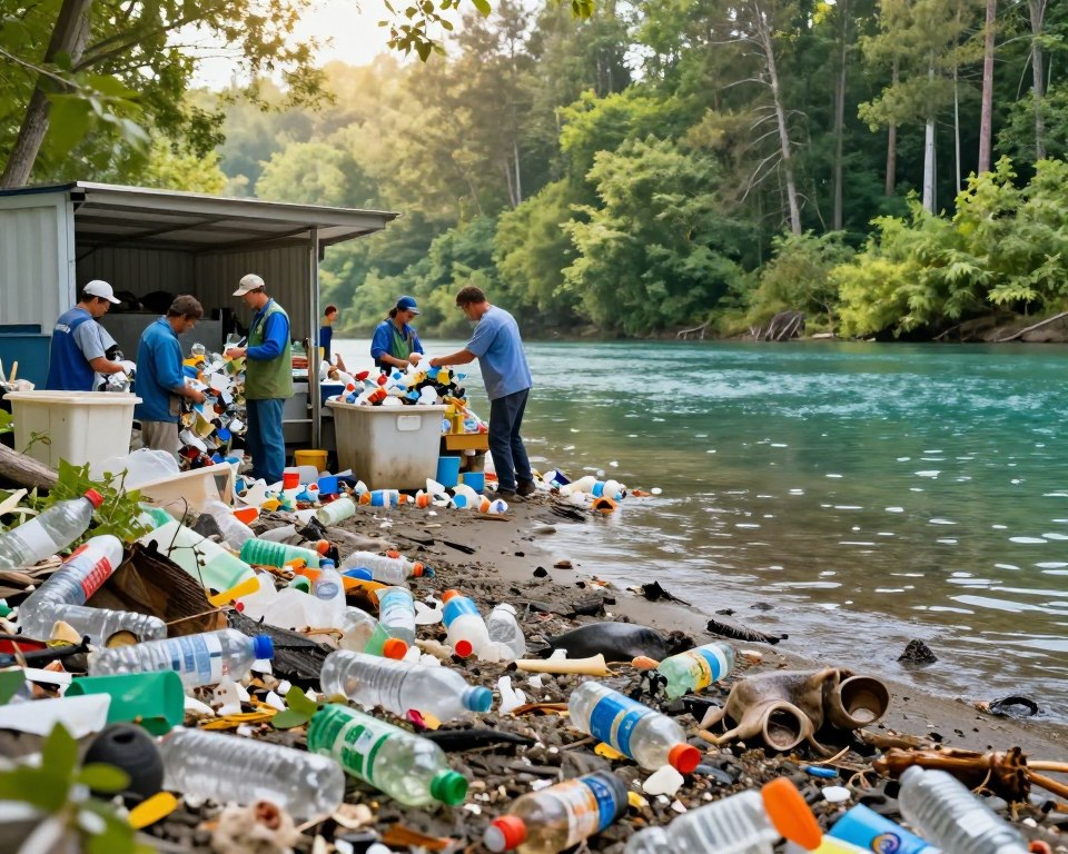 A striking visual representation of the environmental impact of PET plastic, featuring a split scene. In the foreground, polluted shoreline littered with discarded PET bottles and plastic debris, showing marine life struggling amidst the waste. The middle ground showcases a recycling facility with workers in professional attire actively sorting and processing plastics, signifying efforts towards sustainability. The background transitions to a natural habitat, with a vibrant forest and clean water, symbolizing the potential for recovery. Soft, diffused sunlight filters through the trees, creating a hopeful atmosphere. The angle is slightly elevated, providing a comprehensive view of the contrast between pollution and the beauty of nature. The overall mood evokes a sense of urgency balanced with a glimmer of hope for environmental restoration and sustainability. A striking visual representation of the environmental impact of PET plastic, featuring a split scene. In the foreground, polluted shoreline littered with discarded PET bottles and plastic debris, showing marine life struggling amidst the waste. The middle ground showcases a recycling facility with workers in professional attire actively sorting and processing plastics, signifying efforts towards sustainability. The background transitions to a natural habitat, with a vibrant forest and clean water, symbolizing the potential for recovery. Soft, diffused sunlight filters through the trees, creating a hopeful atmosphere. The angle is slightly elevated, providing a comprehensive view of the contrast between pollution and the beauty of nature. The overall mood evokes a sense of urgency balanced with a glimmer of hope for environmental restoration and sustainability.