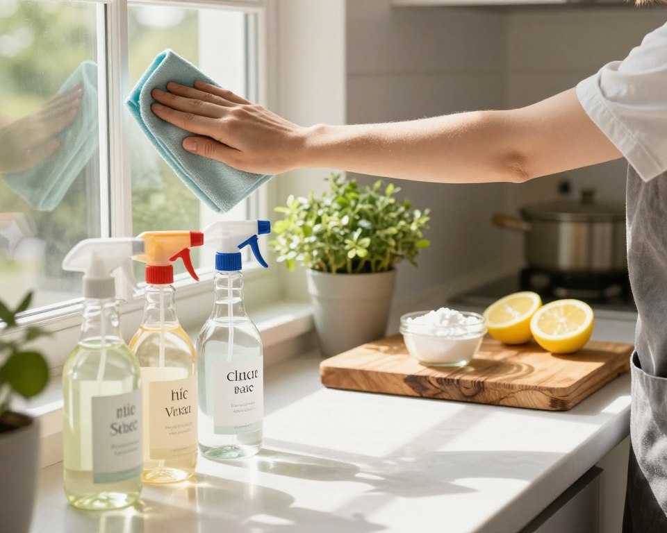 A sunlit kitchen scene showcasing non-toxic cleaning practices. In the foreground, a clean and organized countertop with glass spray bottles filled with natural cleaning solutions, labeled with ingredients like vinegar and essential oils. A pair of hands in professional attire gently wiping a window with a microfiber cloth, reflecting care for the environment. In the middle, a potted plant adds a touch of greenery, symbolizing sustainability. The background features a rustic wooden table, neatly arranged with baking soda and lemon halves, emphasizing safe cleaning alternatives. Soft, warm lighting illuminates the space, creating a welcoming atmosphere. The perspective is slightly angled to capture the detail in the cleaning process while evoking a sense of safety and cleanliness.