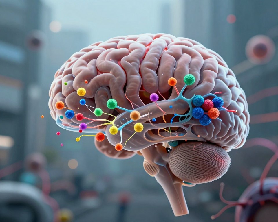 A surreal depiction of nanoplastics within a human brain, emphasizing their presence through vivid, colorful particles infiltrating the neural pathways. In the foreground, a transparent section of the brain reveals clusters of bright, miniature plastic particles swirling around synapses, highlighting their potential impact on cognitive functions. The middle layer shows the olfactory bulb, detailed with intricate neurons, hinting at the inhalation route. The background features a blurred, abstract representation of a busy urban environment to symbolize pollution. Soft, diffused lighting creates a contemplative atmosphere, and a macro lens perspective emphasizes the delicate scale of nanoplastics, evoking a sense of urgency and wonder about their effects on the human brain. A surreal depiction of nanoplastics within a human brain, emphasizing their presence through vivid, colorful particles infiltrating the neural pathways. In the foreground, a transparent section of the brain reveals clusters of bright, miniature plastic particles swirling around synapses, highlighting their potential impact on cognitive functions. The middle layer shows the olfactory bulb, detailed with intricate neurons, hinting at the inhalation route. The background features a blurred, abstract representation of a busy urban environment to symbolize pollution. Soft, diffused lighting creates a contemplative atmosphere, and a macro lens perspective emphasizes the delicate scale of nanoplastics, evoking a sense of urgency and wonder about their effects on the human brain.
