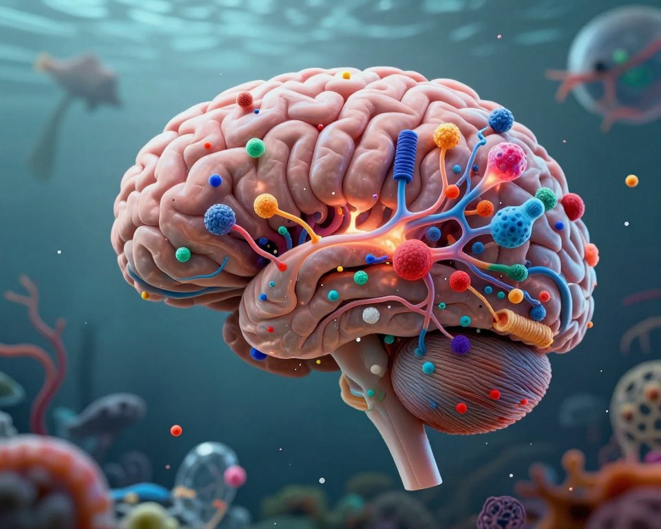 A surreal illustration depicting the neurotoxic effects of microplastics accumulation in the brain. In the foreground, a conceptual representation of a human brain enveloped in swirling, colorful microplastics in various sizes and shapes. The middle layer features intricate neural pathways and synapses visibly illuminated, with signs of distress, depicted by vibrant colors and distortions. The background shows an abstract depiction of a polluted environment with faint outlines of marine life and plastic waste, hinting at the source of the microplastics. The scene is bathed in soft, ethereal lighting to create a haunting yet educational atmosphere, using a high-contrast lens to emphasize clarity and details. The overall mood is one of concern and intrigue, effectively capturing the perilous implications of microplastics on human health. A surreal illustration depicting the neurotoxic effects of microplastics accumulation in the brain. In the foreground, a conceptual representation of a human brain enveloped in swirling, colorful microplastics in various sizes and shapes. The middle layer features intricate neural pathways and synapses visibly illuminated, with signs of distress, depicted by vibrant colors and distortions. The background shows an abstract depiction of a polluted environment with faint outlines of marine life and plastic waste, hinting at the source of the microplastics. The scene is bathed in soft, ethereal lighting to create a haunting yet educational atmosphere, using a high-contrast lens to emphasize clarity and details. The overall mood is one of concern and intrigue, effectively capturing the perilous implications of microplastics on human health.