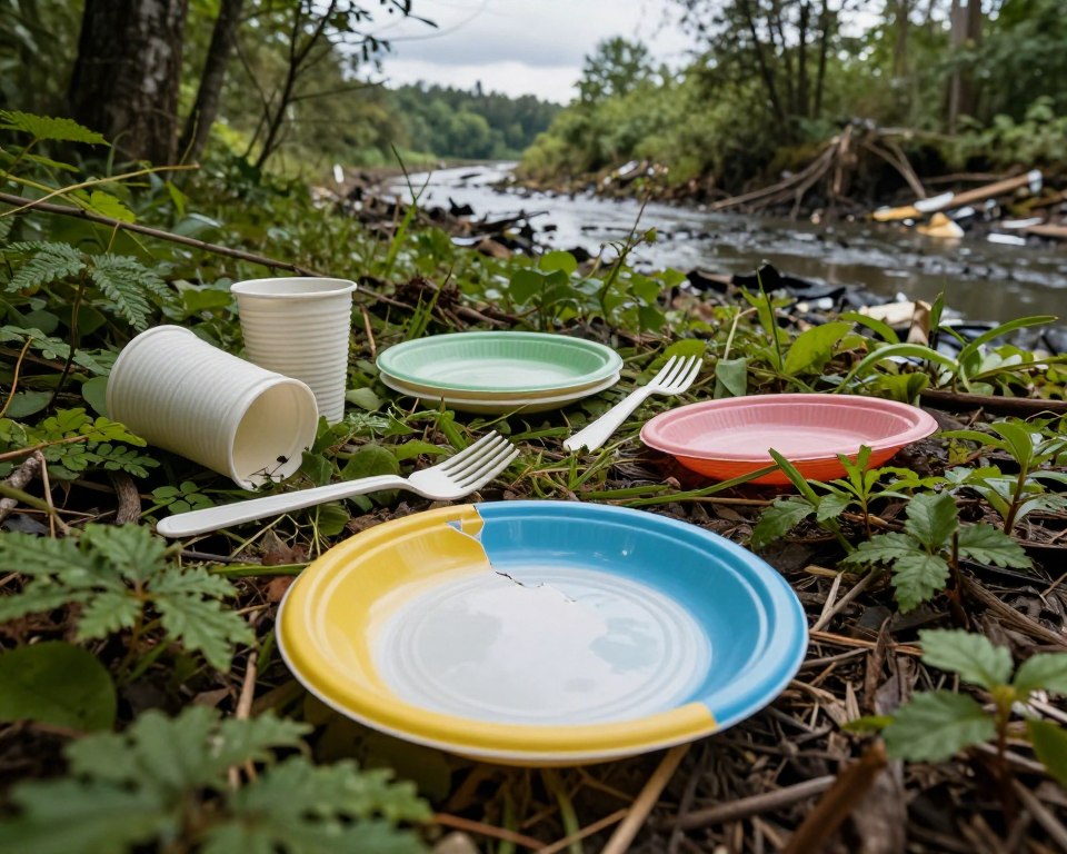 A thought-provoking scene illustrating the environmental impact of synthetic tableware, specifically melamine dinnerware. In the foreground, depict a broken melamine plate with vivid colors, partially buried in a lush green forest floor, hinting at pollution. In the middle ground, include an assortment of single-use synthetic items like forks and cups, blending into the natural habitat, highlighting their presence. The background should show a stark contrast: a polluted waterway with debris along its banks under a gray sky, conveying a sense of urgency. Use natural lighting to create realistic shadows, and capture the image from a low angle to emphasize the interplay between synthetic materials and nature. Aim for a somber, reflective mood, evoking concern for sustainability.