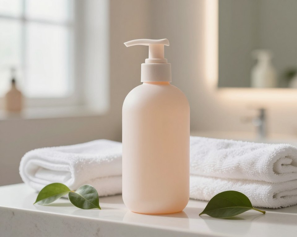 A tranquil bathroom setting featuring a gentle cleansing shampoo bottle prominently displayed in the foreground. The shampoo bottle, sleek and elegantly designed, is colored in soft pastel hues, with a matte finish. Surrounding the bottle are delicate leaves and soft white towels, creating an inviting and serene atmosphere. In the background, a softly lit mirror reflects the calming ambiance, with gentle natural light filtering in through a frosted window. The overall mood is soothing and peaceful, emphasizing the theme of gentle care for sensitive scalps. The composition should highlight the textures and light, using a shallow depth of field to draw attention to the shampoo, with a cozy, warm color palette that evokes comfort and tranquility.