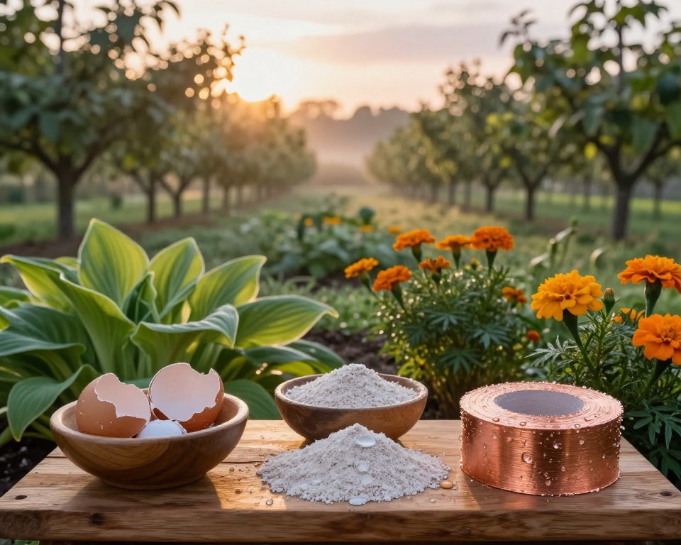 A tranquil garden scene at dawn, showcasing various natural slug repellent methods. In the foreground, a handcrafted wooden display features bowls of crushed eggshells, diatomaceous earth, and copper tape, with droplets of morning dew glistening on their surfaces. In the middle ground, lush green plants, such as hostas and marigolds, surround the display, exuding health and vitality. In the background, an orchard of sunlit trees merges with a soft-focus, pastel sky, creating a serene atmosphere. The warm golden light of the early sun streams through, casting gentle shadows. The overall mood is peaceful and inviting, emphasizing organic solutions for garden care, with an emphasis on sustainability and wellness. No text or human figures should be present.
