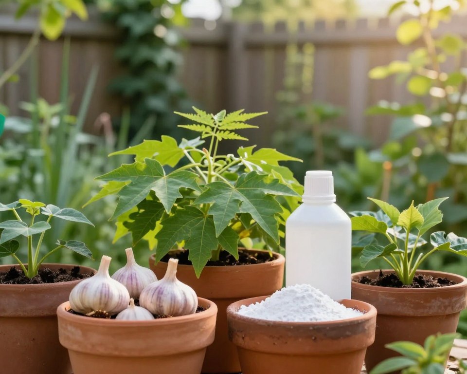 A tranquil garden scene illustrating safe alternatives to garden fungicide. In the foreground, depict vibrant pots filled with organic ingredients such as garlic, neem leaves, and baking soda, arranged artfully. In the middle ground, showcase lush, green plants thriving under gentle sunlight, hinting at their resilience without chemical treatments. The background features a soft-focus garden fence with climbing ivy, conveying a natural, harmonious environment. Use warm, inviting lighting to evoke a sense of safety and sustainability, with a shallow depth of field to emphasize the foreground elements. The overall mood should be serene and reassuring, reflecting a safe, eco-friendly approach to gardening.