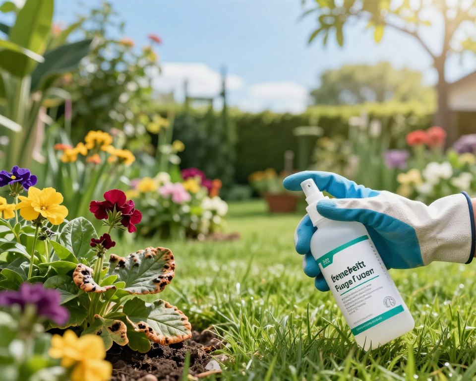 A tranquil garden setting portraying an array of colorful flowers and healthy plants, subtly showing signs of fungal infection on some leaves. In the foreground, a pair of gloved hands, wearing professional gardening gloves, carefully handling a bottle of garden fungicide, emphasizing safety and caution. The middle ground features a rich green lawn, with vibrant blooms and a mix of healthy plants contrasted against sickly foliage. The background captures a clear blue sky with soft, diffused sunlight filtering through tree branches, creating a serene yet alert atmosphere. The focus is crisp, with a slight bokeh effect on the distant plants to draw attention to the fungicide. The mood conveys awareness about the potential dangers of garden chemicals to human health, urging caution in a visually engaging manner.