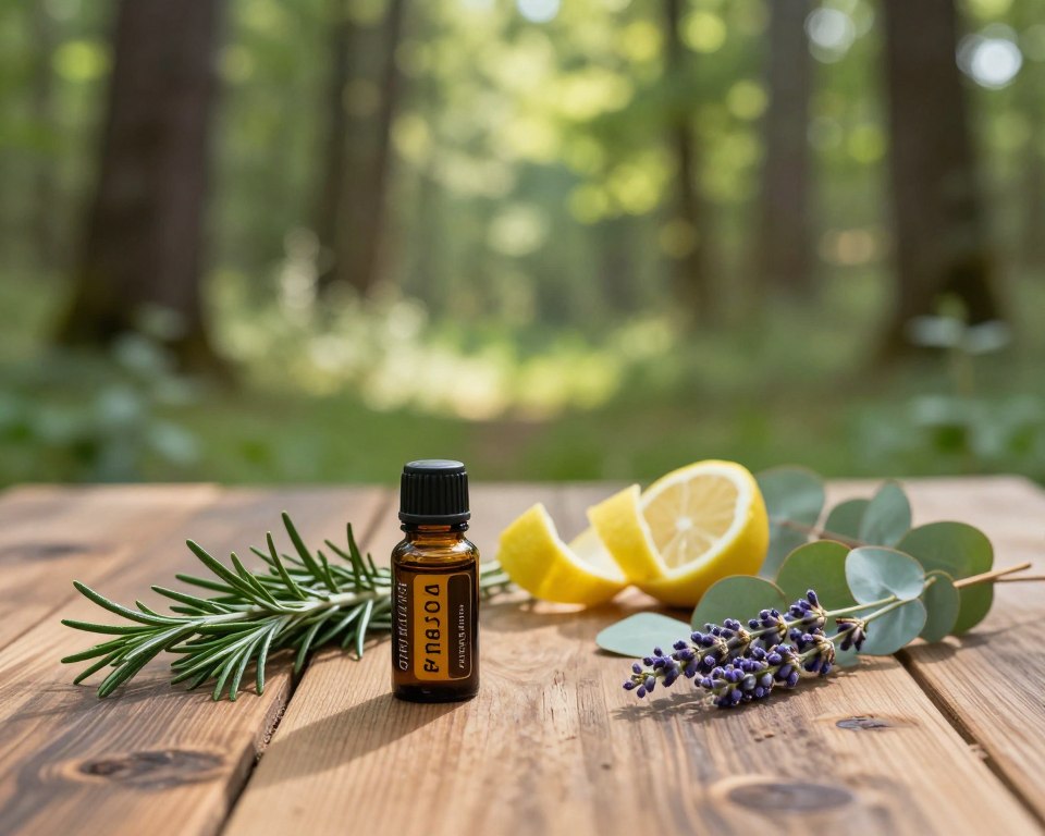 A tranquil outdoor scene depicting a variety of natural tick deterrents arranged neatly on a rustic wooden table. In the foreground, focus on a small glass bottle labeled with an essential oil blend, alongside fresh herbs like rosemary and lavender. The middle ground features a subtle arrangement of lemon peels and eucalyptus leaves, illustrating common natural ingredients. The background shows a lush green forest setting, with soft sunlight filtering through the trees, creating dappled shadows and a serene atmosphere. The composition conveys a sense of calm and safety, emphasizing the natural aspect of the deterrents. The scene should be captured with a shallow depth of field, lending a soft focus to the background while keeping the foreground items crisp and clear, enhancing the feeling of freshness and nature. A tranquil outdoor scene depicting a variety of natural tick deterrents arranged neatly on a rustic wooden table. In the foreground, focus on a small glass bottle labeled with an essential oil blend, alongside fresh herbs like rosemary and lavender. The middle ground features a subtle arrangement of lemon peels and eucalyptus leaves, illustrating common natural ingredients. The background shows a lush green forest setting, with soft sunlight filtering through the trees, creating dappled shadows and a serene atmosphere. The composition conveys a sense of calm and safety, emphasizing the natural aspect of the deterrents. The scene should be captured with a shallow depth of field, lending a soft focus to the background while keeping the foreground items crisp and clear, enhancing the feeling of freshness and nature.