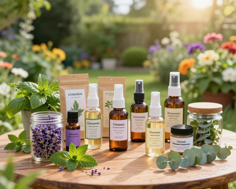 A tranquil outdoor scene showcasing an assortment of natural alternatives to synthetic mosquito repellents. In the foreground, display a wooden table adorned with various glass jars filled with essential oils like lavender, citronella, and eucalyptus, along with fresh herbs such as mint and basil. In the middle, a neatly arranged selection of homemade mosquito repellent sprays in eco-friendly packaging, with labels indicating their natural ingredients. In the background, a serene garden with lush greenery and colorful flowers, bathed in soft, warm sunlight to create a welcoming atmosphere. Use a slightly elevated angle to capture the vibrancy of the garden and the allure of the natural products, emphasizing the calming effect of nature. The overall mood should be peaceful, inviting, and informative, highlighting the benefits of using natural repellents. A tranquil outdoor scene showcasing an assortment of natural alternatives to synthetic mosquito repellents. In the foreground, display a wooden table adorned with various glass jars filled with essential oils like lavender, citronella, and eucalyptus, along with fresh herbs such as mint and basil. In the middle, a neatly arranged selection of homemade mosquito repellent sprays in eco-friendly packaging, with labels indicating their natural ingredients. In the background, a serene garden with lush greenery and colorful flowers, bathed in soft, warm sunlight to create a welcoming atmosphere. Use a slightly elevated angle to capture the vibrancy of the garden and the allure of the natural products, emphasizing the calming effect of nature. The overall mood should be peaceful, inviting, and informative, highlighting the benefits of using natural repellents.