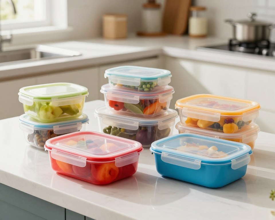 A variety of colorful, microwave-safe plastic food containers arranged neatly on a kitchen counter. The foreground features a bright red container with a transparent lid, showcasing fresh fruits inside, while a blue rectangular container holds leftovers. In the middle ground, additional containers in vibrant colors are slightly stacked, highlighting their different shapes and sizes. The background shows a clean, modern kitchen with soft, natural lighting coming from a nearby window, casting gentle shadows that enhance the scene's warmth. The atmosphere is inviting and homey, promoting a sense of ease and safety in using plastic containers for microwaving food. The image is well-composed, taken from a slight angle to emphasize depth and organization. A variety of colorful, microwave-safe plastic food containers arranged neatly on a kitchen counter. The foreground features a bright red container with a transparent lid, showcasing fresh fruits inside, while a blue rectangular container holds leftovers. In the middle ground, additional containers in vibrant colors are slightly stacked, highlighting their different shapes and sizes. The background shows a clean, modern kitchen with soft, natural lighting coming from a nearby window, casting gentle shadows that enhance the scene's warmth. The atmosphere is inviting and homey, promoting a sense of ease and safety in using plastic containers for microwaving food. The image is well-composed, taken from a slight angle to emphasize depth and organization.