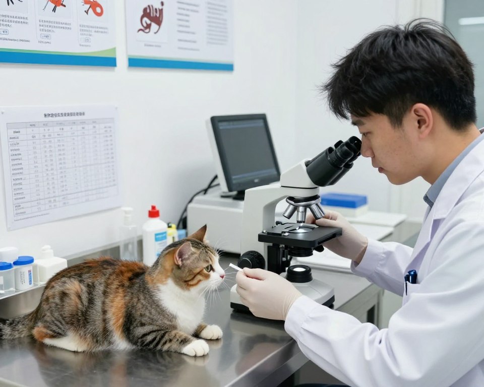 A veterinary clinic examination room focused on diagnostic procedures for rodenticide poisoning in animals, with a prominently featured domestic cat on a stainless steel examination table, displaying critical diagnostic tools. In the foreground, a veterinarian in a white lab coat is carefully examining a blood sample under a microscope, showing intent and concentration. In the middle ground, various laboratory equipment and charts displaying toxicology results are visible, creating a sense of urgency in the air. The background features medical posters about rodenticide symptoms and treatments. Soft, bright lighting illuminates the room, enhancing the sterile, clinical atmosphere. Capture the scene from a slightly elevated angle to emphasize the equipment and the veterinarian's focused expression, illustrating a professional and serious environment.