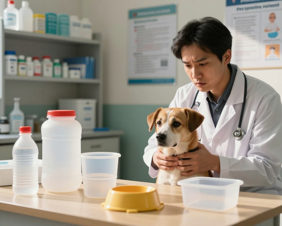 A veterinary clinic scene depicting the potential toxicity of BPA in plastic materials. In the foreground, a concerned veterinarian, wearing a white lab coat, examines a pet dog with a worried expression. The middle ground features various BPA-laden plastic objects, like food containers and water bowls, artistically arranged to highlight their presence in the veterinary setting. In the background, shelves filled with veterinary supplies and informative posters about plastic safety can be seen, softly blurred. The lighting is warm and inviting, reminiscent of a caring clinic, with natural sunlight streaming through a window, creating gentle shadows. The mood evokes a sense of urgency and awareness, aiming to prompt discussions on pet safety and plastic use.