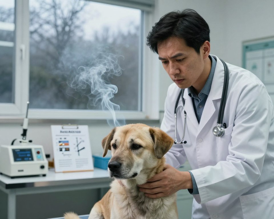 A veterinary clinic setting focused on the concept of smoke exposure. In the foreground, a concerned veterinarian, wearing a professional white coat, examines a distressed dog exhibiting respiratory issues. The dog's fur has subtle discoloration from smoke exposure. In the middle ground, a table displays laboratory equipment and charts illustrating the effects of wood smoke versus cigarette smoke on animal health. In the background, a window reveals a smoky outdoor environment with trees in silhouette, hinting at wood smoke. The atmosphere is serious and somber, illuminated by soft, diffused lighting that highlights the veterinarian's focus and the dog's discomfort. The angle is slightly tilted, adding a sense of urgency to the scene.