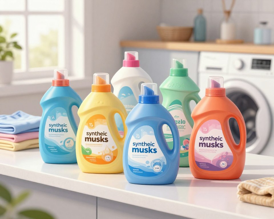 A vibrant and detailed illustration showcasing a variety of popular American laundry detergent bottles arranged thoughtfully on a clean, modern laundry room countertop. In the foreground, focus on the sleek, colorful packaging of these detergents prominently featuring labels that suggest synthetic musks. The middle ground offers a glimpse of neatly folded laundry and a bright washing machine, hinting at the product's usage in everyday life. In the background, soft, natural lighting filters through a window, casting gentle shadows that create a serene mood. The overall atmosphere conveys cleanliness and modernity while subtly suggesting the research topic of synthetic musks in these common household products. The camera angle is slightly above eye level, providing a comprehensive view that invites curiosity.