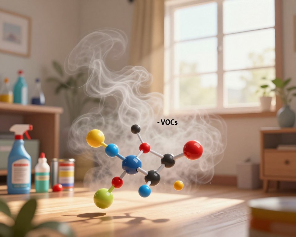 A vibrant and detailed scientific illustration showcasing volatile organic compounds (VOCs) and indoor pollutants contributing to ozone formation. In the foreground, depict colorful, swirling molecules of VOCs, such as formaldehyde and benzene, illustrated as dynamic spheres among faint, smoky tendrils representing indoor air pollution. In the middle ground, integrate a cluttered indoor environment with common sources of VOCs, like household cleaning products and paint cans. In the background, a soft haze of ozone forms at the edge of a bright window, symbolizing the interplay between sunlight and pollutants. The lighting should be warm, emphasizing a cozy yet slightly tense atmosphere, while using a wide-angle lens to capture the complexity of indoor air quality. The image must exude an informative yet intriguing mood, devoid of any text or distractions. A vibrant and detailed scientific illustration showcasing volatile organic compounds (VOCs) and indoor pollutants contributing to ozone formation. In the foreground, depict colorful, swirling molecules of VOCs, such as formaldehyde and benzene, illustrated as dynamic spheres among faint, smoky tendrils representing indoor air pollution. In the middle ground, integrate a cluttered indoor environment with common sources of VOCs, like household cleaning products and paint cans. In the background, a soft haze of ozone forms at the edge of a bright window, symbolizing the interplay between sunlight and pollutants. The lighting should be warm, emphasizing a cozy yet slightly tense atmosphere, while using a wide-angle lens to capture the complexity of indoor air quality. The image must exude an informative yet intriguing mood, devoid of any text or distractions.