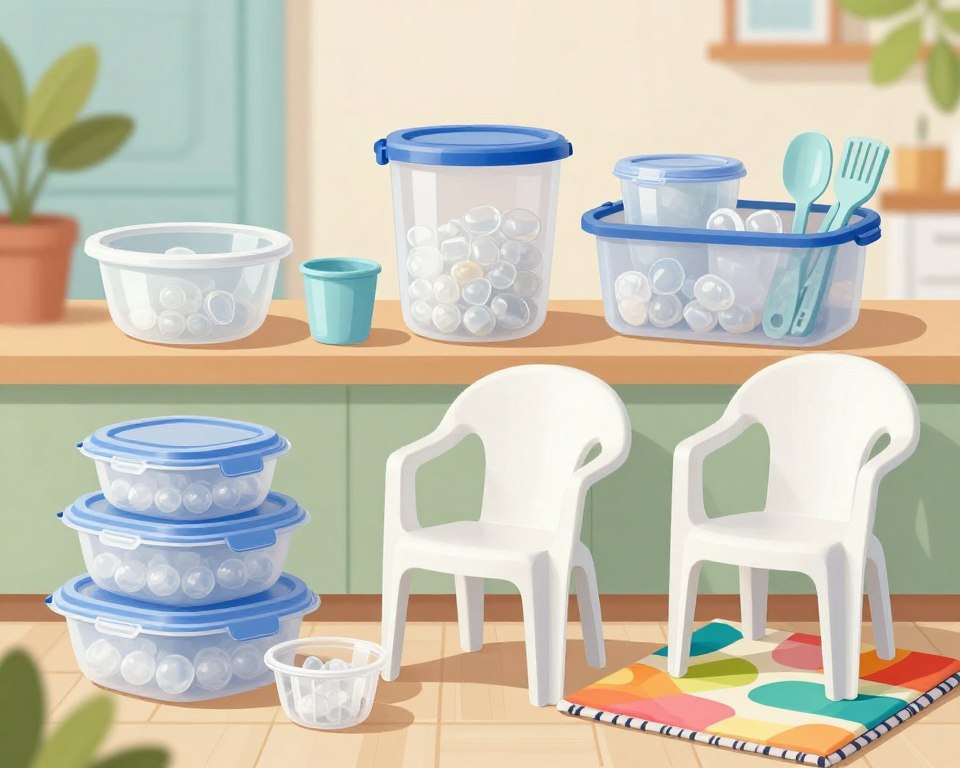 A vibrant and informative illustration showcasing the common uses of polypropylene in daily life. In the foreground, display a variety of polypropylene products such as a food container, a plastic chair, and a colorful outdoor blanket, all featuring different textures and shades. The middle layer should include household items like storage bins and kitchen utensils made from polypropylene, indicating its versatility. In the background, subtly depict a home setting or picnic scene that emphasizes the everyday context of these items. Use bright, natural lighting to create a cheerful and inviting atmosphere, with a soft focus on the background to highlight the foreground details. Capture the essence of modern life where polypropylene is a staple in various applications. A vibrant and informative illustration showcasing the common uses of polypropylene in daily life. In the foreground, display a variety of polypropylene products such as a food container, a plastic chair, and a colorful outdoor blanket, all featuring different textures and shades. The middle layer should include household items like storage bins and kitchen utensils made from polypropylene, indicating its versatility. In the background, subtly depict a home setting or picnic scene that emphasizes the everyday context of these items. Use bright, natural lighting to create a cheerful and inviting atmosphere, with a soft focus on the background to highlight the foreground details. Capture the essence of modern life where polypropylene is a staple in various applications.