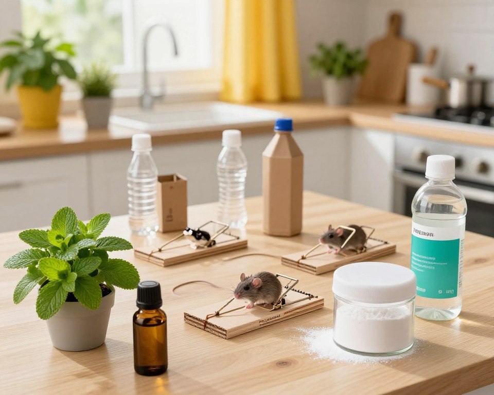 A vibrant and informative scene depicting effective mouse poison alternatives. In the foreground, showcase an array of natural deterrents such as peppermint plants, essential oils, and sealed containers of baking soda and vinegar. The middle ground features a kitchen counter with a small, organized display of DIY traps made from recycled materials, like plastic bottles and cardboard, creatively arranged. In the background, a sunlit kitchen setting with cheerful yellow curtains and potted herbs enhances the atmosphere of a safe and homey environment. The lighting is bright and inviting, emphasizing the eco-friendly aspect of these alternatives. Use a slightly top-down angle to capture the entire composition clearly, creating a sense of tranquility and proactive problem-solving.
