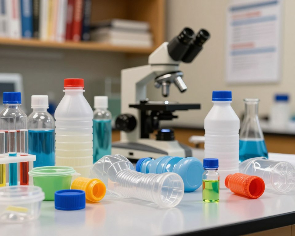 A vibrant, close-up view of an assortment of plastic items, including bottles, wrappers, and containers, placed on a laboratory table. In the foreground, a few plastic items are surrounded by small glass vials containing colorful liquids, symbolizing chemical analysis. The middle ground features a microscope and lab equipment, suggesting an investigation into the presence of endocrine disruptors. In the background, soft-focus shelves are lined with scientific books and research papers. Warm, diffused lighting creates an analytical yet approachable atmosphere, with a slight reflection on the table surface to enhance depth. The composition conveys a sense of concern and curiosity toward the impact of plastics on health. A vibrant, close-up view of an assortment of plastic items, including bottles, wrappers, and containers, placed on a laboratory table. In the foreground, a few plastic items are surrounded by small glass vials containing colorful liquids, symbolizing chemical analysis. The middle ground features a microscope and lab equipment, suggesting an investigation into the presence of endocrine disruptors. In the background, soft-focus shelves are lined with scientific books and research papers. Warm, diffused lighting creates an analytical yet approachable atmosphere, with a slight reflection on the table surface to enhance depth. The composition conveys a sense of concern and curiosity toward the impact of plastics on health.