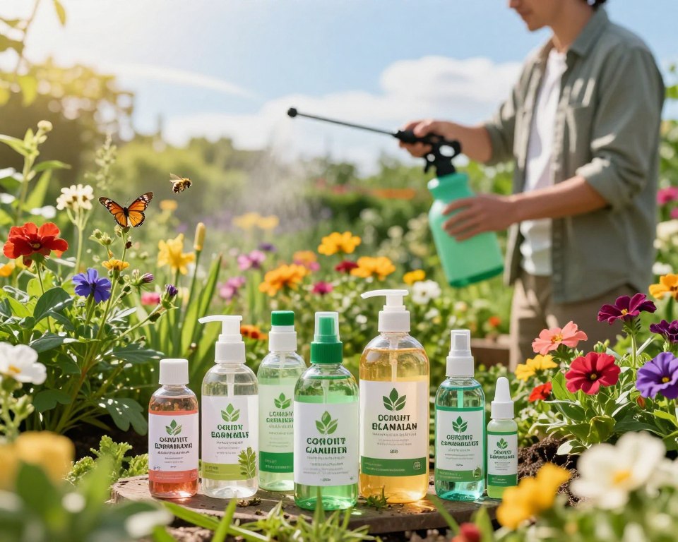 A vibrant eco-friendly garden filled with lush greenery, showcasing a variety of colorful flowers and plants that attract pollinators like bees and butterflies. In the foreground, a neatly arranged display of eco-friendly garden chemicals in clear, labeled bottles, emphasizing their natural ingredients. The middle ground features a gardener in modest casual clothing, gently applying the chemicals with a sprayer, demonstrating care for the environment. The background presents a sunny sky and a beautifully vivid flower garden, exuding a sense of warmth and vitality. Soft, natural lighting enhances the colors, creating a cheerful and inviting atmosphere. The angle captures the interaction between the gardener, the eco-friendly products, and the flourishing garden, illustrating sustainable gardening practices.