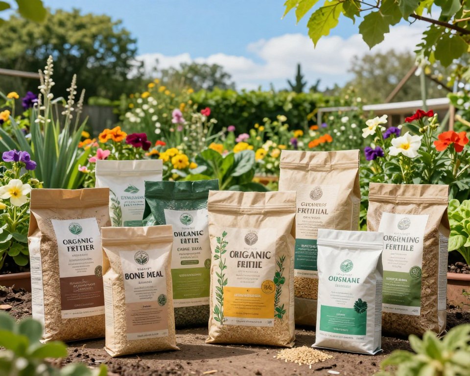 A vibrant eco-friendly garden scene showcasing various organic fertilizers in recycled packaging. In the foreground, several beautifully designed bags of natural fertilizers made from compost, bone meal, and seaweed extract, each displaying earthy tones and botanical illustrations. In the middle ground, a lush garden bursting with colorful flowers, green vegetables, and diverse plants, illustrating the benefits of these fertilizers. The background features a bright blue sky and green trees, representing a thriving ecosystem. Soft sunlight filters through the leaves, creating a warm and inviting atmosphere. Capture the image from a slightly elevated angle to emphasize the richness of the garden and the eco-friendly products, invoking a sense of sustainability and harmony with nature.