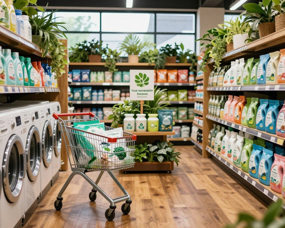 A vibrant, eco-friendly laundry aisle inside a modern grocery store, featuring prominently displayed biodegradable laundry products on wooden shelves lined with greenery. In the foreground, a shopping cart filled with these products rests on a rustic, polished wooden floor. In the middle ground, a small display of eco-friendly signs emphasizes the importance of true sustainability, with images of leaves and natural materials. The background showcases shelves with colorful packaging that hints at greenwashing, some products obscured by lush, faux-plant decor. Soft, natural lighting pours in through large windows, creating a warm, inviting atmosphere, reinforcing the theme of genuine eco-consciousness versus misleading marketing claims. The mood is thoughtfully critical yet hopeful, inspiring consumers to make informed choices.