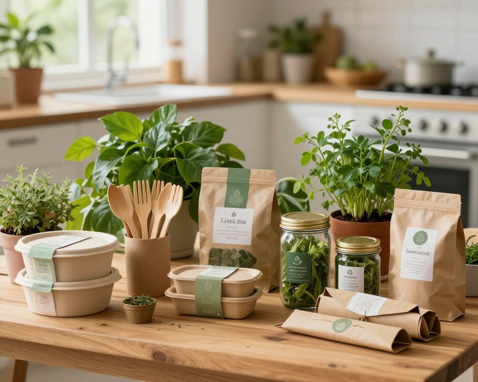 A vibrant, eco-friendly packaging display featuring a variety of sustainable alternatives. In the foreground, showcase several products like compostable containers, bamboo utensils, glass jars, and recycled paper wrappers arranged aesthetically. The middle ground includes lush green foliage and potted herbs, symbolizing nature and health. In the background, a wooden table highlights an inviting kitchen setting, with soft natural light filtering through a window. The atmosphere is fresh and organic, evoking a sense of sustainability and responsibility. Use a warm color palette to emphasize warmth and eco-consciousness, with a slight blur on the background to create depth and focus on the packaging alternatives. A vibrant, eco-friendly packaging display featuring a variety of sustainable alternatives. In the foreground, showcase several products like compostable containers, bamboo utensils, glass jars, and recycled paper wrappers arranged aesthetically. The middle ground includes lush green foliage and potted herbs, symbolizing nature and health. In the background, a wooden table highlights an inviting kitchen setting, with soft natural light filtering through a window. The atmosphere is fresh and organic, evoking a sense of sustainability and responsibility. Use a warm color palette to emphasize warmth and eco-consciousness, with a slight blur on the background to create depth and focus on the packaging alternatives.