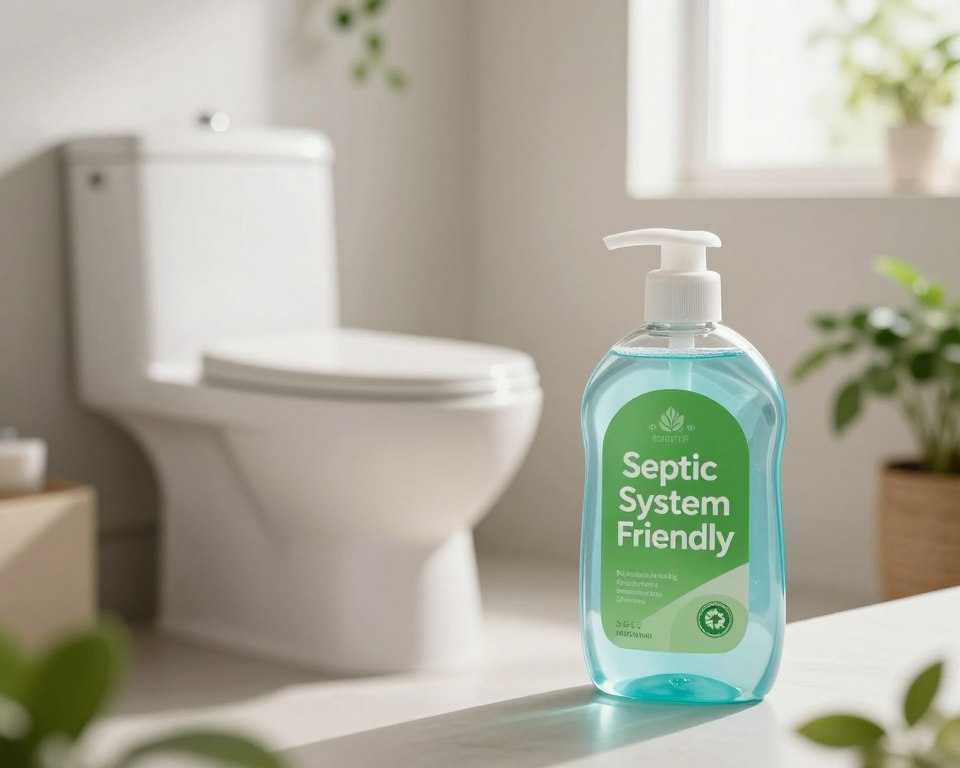A vibrant, eco-friendly toilet gel bottle sits prominently in the foreground, showcasing a sleek, modern design with a green label indicating "Septic System Friendly." The gel inside the bottle has a translucent light blue hue. In the middle, a sparkling clean toilet is visible, surrounded by subtle green plants that emphasize its environmental safety. The background features a softly blurred bathroom setting with natural light streaming through a window, illuminating the space with a warm, inviting glow. The overall mood is fresh and clean, evoking a sense of peace and sustainability, ideal for promoting eco-conscious cleaning alternatives. The scene is captured from a slightly tilted angle, creating a dynamic and engaging composition. A vibrant, eco-friendly toilet gel bottle sits prominently in the foreground, showcasing a sleek, modern design with a green label indicating "Septic System Friendly." The gel inside the bottle has a translucent light blue hue. In the middle, a sparkling clean toilet is visible, surrounded by subtle green plants that emphasize its environmental safety. The background features a softly blurred bathroom setting with natural light streaming through a window, illuminating the space with a warm, inviting glow. The overall mood is fresh and clean, evoking a sense of peace and sustainability, ideal for promoting eco-conscious cleaning alternatives. The scene is captured from a slightly tilted angle, creating a dynamic and engaging composition.