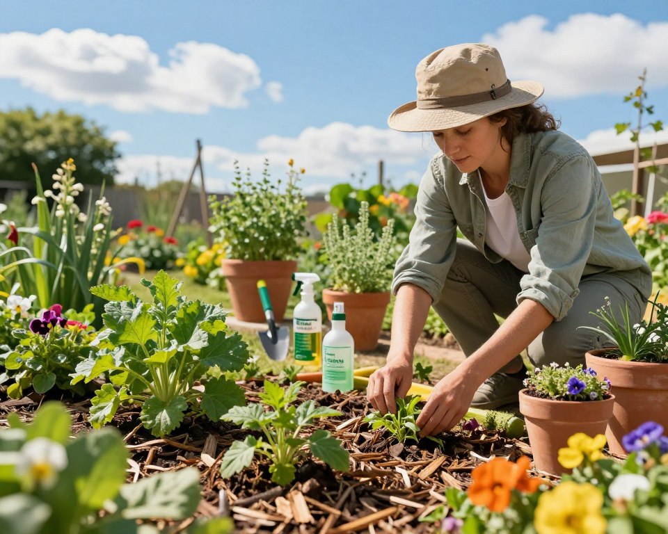 A vibrant garden scene illustrating effective organic weed control methods. In the foreground, a skilled gardener, dressed in modest casual clothing and a sun hat, is using natural materials like wood chips, vinegar, and mulch to manage weeds. Bright green plants and colorful flowers surround them, showcasing a healthy ecosystem. The middle ground features various organic weed control tools, like a hand trowel and a natural herbicide spray bottle, alongside terracotta pots with herbs growing. In the background, a clear blue sky is dotted with fluffy white clouds, bathed in warm sunlight that adds a serene atmosphere to the scene. The angle captures both the gardener's focused expression and the flourishing garden, emphasizing the harmony of eco-friendly practices. A vibrant garden scene illustrating effective organic weed control methods. In the foreground, a skilled gardener, dressed in modest casual clothing and a sun hat, is using natural materials like wood chips, vinegar, and mulch to manage weeds. Bright green plants and colorful flowers surround them, showcasing a healthy ecosystem. The middle ground features various organic weed control tools, like a hand trowel and a natural herbicide spray bottle, alongside terracotta pots with herbs growing. In the background, a clear blue sky is dotted with fluffy white clouds, bathed in warm sunlight that adds a serene atmosphere to the scene. The angle captures both the gardener's focused expression and the flourishing garden, emphasizing the harmony of eco-friendly practices.