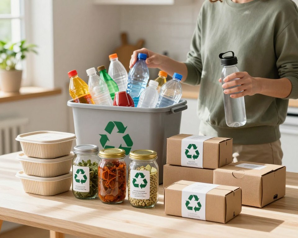 A vibrant, informative scene that showcases various food packaging materials on a recycling table. In the foreground, neatly organized items such as biodegradable containers, glass jars, and recycled paper boxes are featured, with clear labels illustrating their recycling symbols. The middle ground includes a recycling bin, overflowing with colorful plastics, with a professional-looking person in modest casual attire examining the materials, holding a reusable water bottle. The background displays a well-lit kitchen area with plants, reflecting a sustainable atmosphere. Soft, natural light filters in through a window, casting gentle shadows that enhance the textures of the packaging, creating an inviting and educational mood that emphasizes the importance of sustainability and recycling in food packaging.
