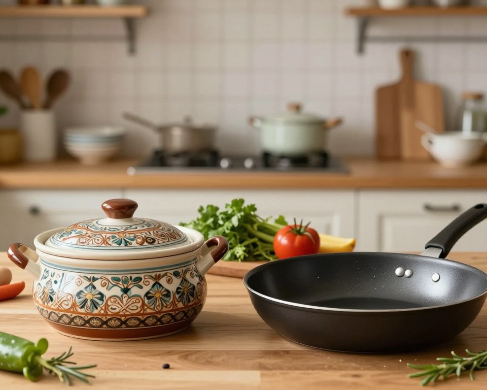 A vibrant kitchen scene featuring a detailed comparison of ceramic cookware on the left and Teflon cookware on the right. In the foreground, showcase a beautifully designed ceramic pot with intricate patterns, glistening under soft, warm lighting. On the opposite side, feature a sleek, modern Teflon skillet, reflecting bright light that highlights its non-stick surface. The middle ground includes a wooden kitchen counter adorned with fresh vegetables and herbs, emphasizing culinary purpose. In the background, softly blurred shelves filled with various cookware and kitchen utensils, creating a cozy, inviting atmosphere. The overall mood should evoke a sense of warmth and safety, suitable for a health-conscious audience. Use a shallow depth of field to focus on the cookware, while maintaining a harmonious color palette to enhance the visual appeal. A vibrant kitchen scene featuring a detailed comparison of ceramic cookware on the left and Teflon cookware on the right. In the foreground, showcase a beautifully designed ceramic pot with intricate patterns, glistening under soft, warm lighting. On the opposite side, feature a sleek, modern Teflon skillet, reflecting bright light that highlights its non-stick surface. The middle ground includes a wooden kitchen counter adorned with fresh vegetables and herbs, emphasizing culinary purpose. In the background, softly blurred shelves filled with various cookware and kitchen utensils, creating a cozy, inviting atmosphere. The overall mood should evoke a sense of warmth and safety, suitable for a health-conscious audience. Use a shallow depth of field to focus on the cookware, while maintaining a harmonious color palette to enhance the visual appeal.