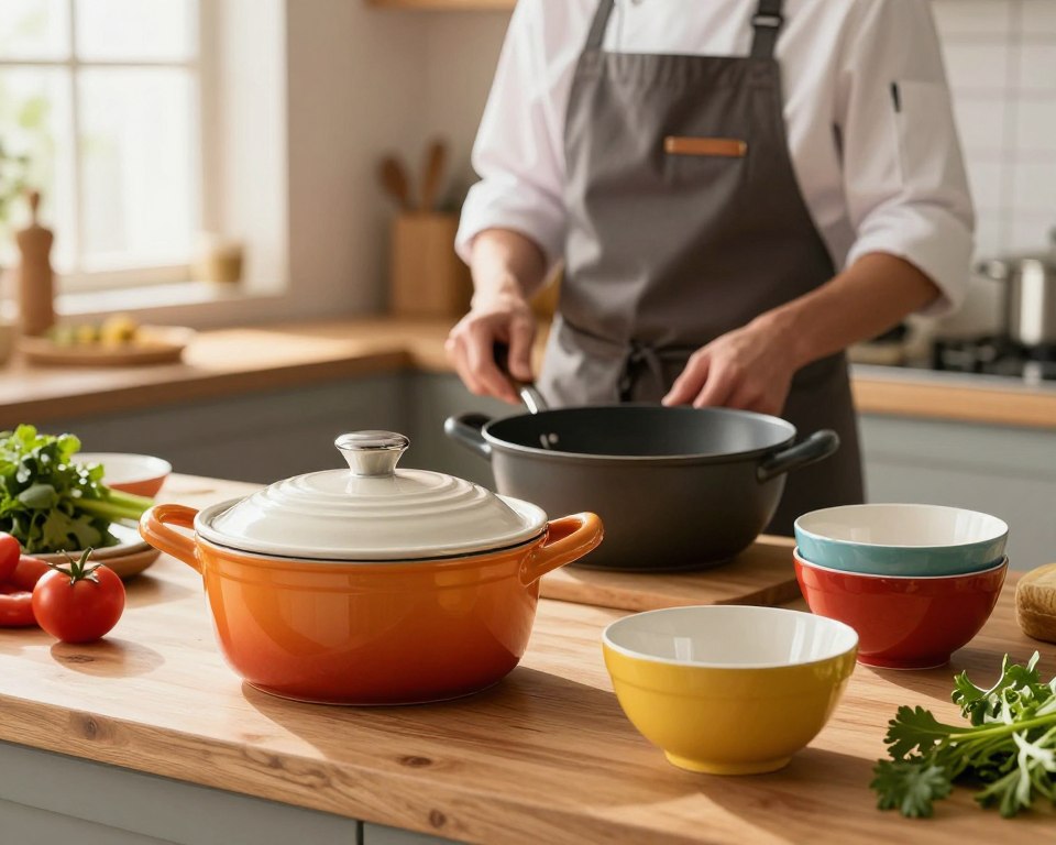 A vibrant kitchen scene featuring a neatly arranged set of ceramic cookware on a wooden countertop. In the foreground, a glossy ceramic pot with a lid and colorful ceramic bowls are prominently displayed, showcasing their smooth texture and vibrant colors. In the middle ground, a chef wearing a professional apron is gently handling the cookware, ensuring the focus remains on the items. Backlighting from a nearby window creates soft, warm illumination that accentuates the safe, inviting atmosphere of the kitchen. Fresh vegetables and herbs are scattered around, symbolizing healthy cooking practices. The overall mood is one of warmth, safety, and creativity, ideal for a contemporary culinary space. A vibrant kitchen scene featuring a neatly arranged set of ceramic cookware on a wooden countertop. In the foreground, a glossy ceramic pot with a lid and colorful ceramic bowls are prominently displayed, showcasing their smooth texture and vibrant colors. In the middle ground, a chef wearing a professional apron is gently handling the cookware, ensuring the focus remains on the items. Backlighting from a nearby window creates soft, warm illumination that accentuates the safe, inviting atmosphere of the kitchen. Fresh vegetables and herbs are scattered around, symbolizing healthy cooking practices. The overall mood is one of warmth, safety, and creativity, ideal for a contemporary culinary space.