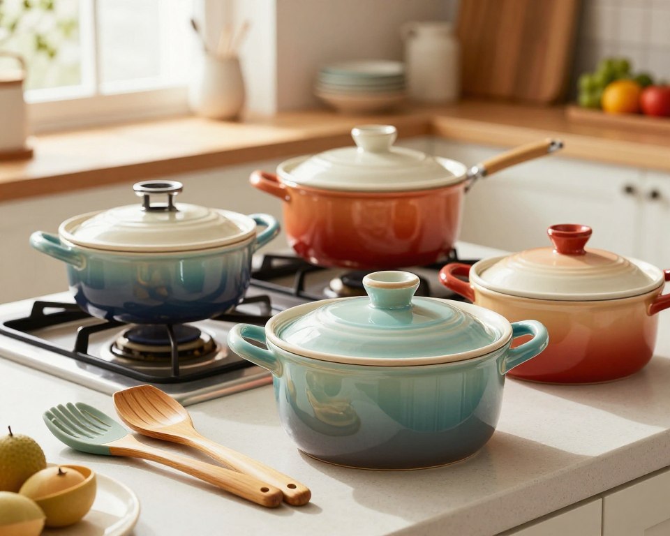 A vibrant kitchen scene showcasing ceramic cookware in various sizes and colors, arranged neatly on a countertop. In the foreground, a gleaming pot with a matching lid, highlighting its smooth glaze and sturdy handle. Beside it, a set of utensils made from bamboo and silicone, emphasizing safe usage practices. In the middle ground, a well-lit stove is ready for cooking, with soft, natural light filtering through a nearby window, creating a warm and inviting atmosphere. In the background, shelves display additional ceramic dishes and ingredients, subtly reinforcing the theme of maintaining cookware longevity. The image is taken from a slightly elevated angle to capture the entire scene clearly, with a focus on the textures of the ceramic and the warmth of the kitchen. The overall mood is warm, safe, and professional, perfect for conveying best practices in cookware maintenance. A vibrant kitchen scene showcasing ceramic cookware in various sizes and colors, arranged neatly on a countertop. In the foreground, a gleaming pot with a matching lid, highlighting its smooth glaze and sturdy handle. Beside it, a set of utensils made from bamboo and silicone, emphasizing safe usage practices. In the middle ground, a well-lit stove is ready for cooking, with soft, natural light filtering through a nearby window, creating a warm and inviting atmosphere. In the background, shelves display additional ceramic dishes and ingredients, subtly reinforcing the theme of maintaining cookware longevity. The image is taken from a slightly elevated angle to capture the entire scene clearly, with a focus on the textures of the ceramic and the warmth of the kitchen. The overall mood is warm, safe, and professional, perfect for conveying best practices in cookware maintenance.