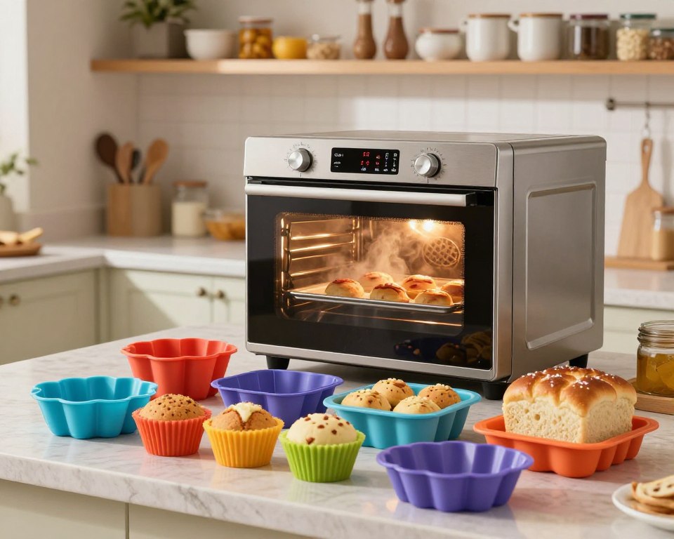 A vibrant kitchen scene showcasing silicone bakeware, emphasizing its thermal stability for high-temperature cooking. In the foreground, a colorful assortment of silicone baking molds in various shapes—like cupcakes, muffins, and bread—arranged neatly on a cool, marbled countertop. In the middle, a glowing oven displaying a batch of baked goods, steam gently rising, while digital thermometers indicate safe cooking temperatures. The background features well-organized kitchen shelves filled with ingredients and utensils, bathed in soft, warm lighting that highlights the flexibility and resilience of silicone materials. The atmosphere is inviting and informative, conveying a sense of safety and modern cooking innovation. The angle captures both the bakeware and the cooking action, emphasizing their suitability for high temperatures.