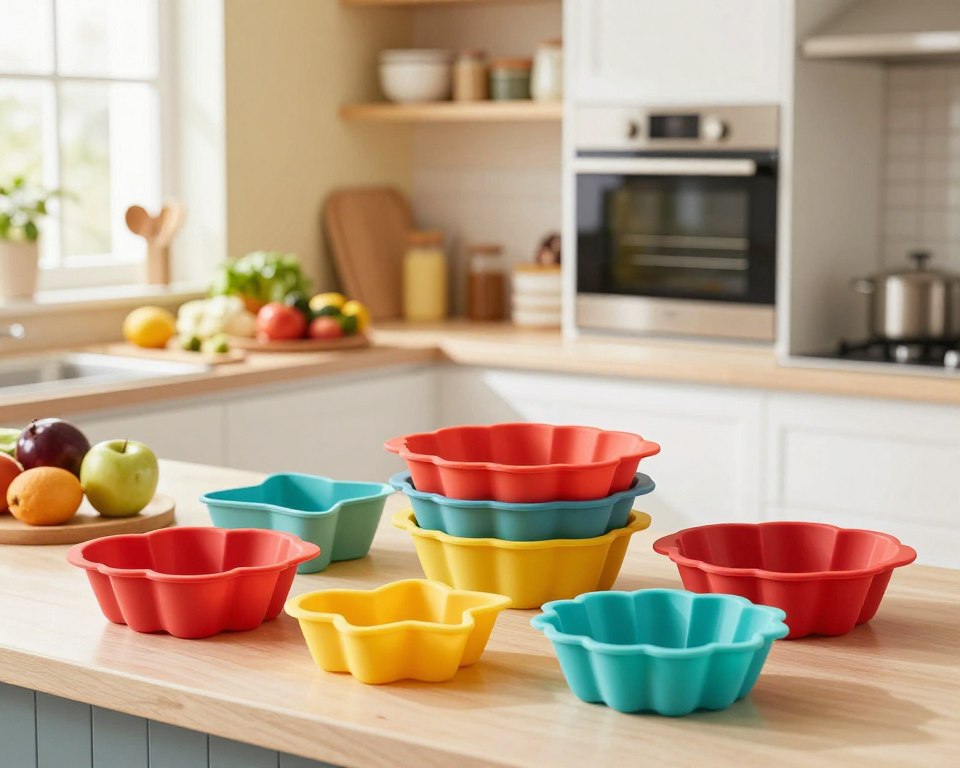 A vibrant kitchen scene showcasing the advantages of silicone cookware. In the foreground, a variety of colorful silicone baking molds in various shapes such as hearts, stars, and round pans display their flexibility and non-stick properties. In the middle ground, a modern kitchen countertop is adorned with fresh ingredients like fruits and vegetables ready for baking, highlighting the ease of clean-up and food release. The background features an elegant oven and open shelves filled with neatly organized kitchen essentials. The scene is brightly lit with warm, natural lighting coming from a window, creating a welcoming and cheerful atmosphere. A shallow depth of field adds clarity to the silicone cookware while softly blurring the background. The overall mood conveys innovation and practicality, emphasizing the benefits of silicone bakeware in contemporary kitchens.