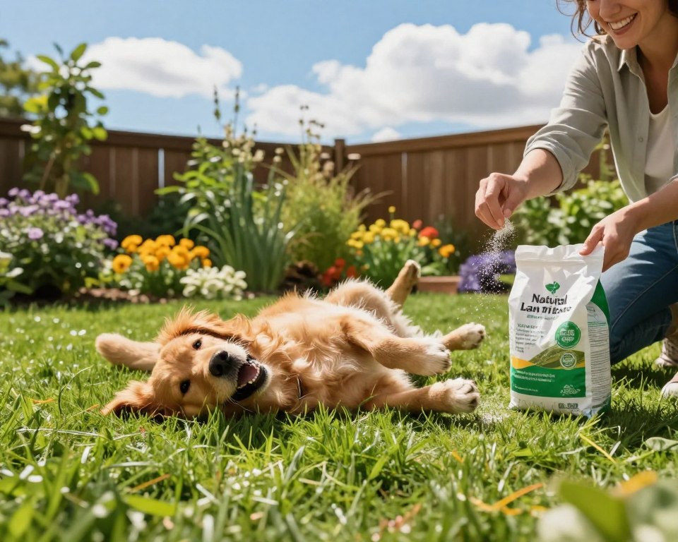 A vibrant pet-safe lawn care scene, featuring a lush, green lawn that's free from chemicals. In the foreground, a playful golden retriever rolls happily on the grass, their fur glistening in the sunlight. Nearby, a smiling person in modest casual clothing, holding a bag of natural lawn care products, kneels to sprinkle organic fertilizer. In the middle ground, various healthy, thriving plants and flowers bloom, showcasing biodiversity. The background reveals a clear blue sky with soft, fluffy clouds and a wooden fence. Natural sunlight bathes the scene, casting soft, warm shadows and creating an inviting atmosphere that emphasizes safety for pets. The angle is slightly elevated, capturing the joy and tranquility of a pet-friendly environment. A vibrant pet-safe lawn care scene, featuring a lush, green lawn that's free from chemicals. In the foreground, a playful golden retriever rolls happily on the grass, their fur glistening in the sunlight. Nearby, a smiling person in modest casual clothing, holding a bag of natural lawn care products, kneels to sprinkle organic fertilizer. In the middle ground, various healthy, thriving plants and flowers bloom, showcasing biodiversity. The background reveals a clear blue sky with soft, fluffy clouds and a wooden fence. Natural sunlight bathes the scene, casting soft, warm shadows and creating an inviting atmosphere that emphasizes safety for pets. The angle is slightly elevated, capturing the joy and tranquility of a pet-friendly environment.