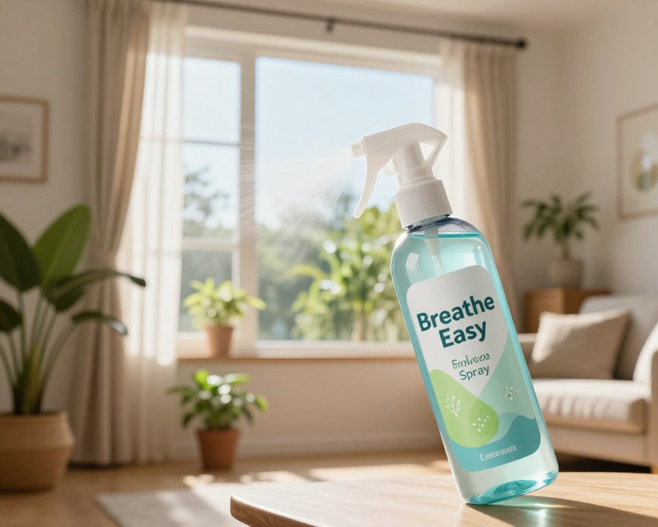 A vibrant scene depicting a bottle of "Breathe Easy Fabric Spray" prominently in the foreground, showcasing its sleek, modern design with a clear label featuring calming colors like soft blues and greens. The spray nozzle is slightly tilted, suggesting it’s in use. In the middle ground, a well-lit living room showcases open windows with sheer curtains gently fluttering in the breeze, bright sunlight streaming through, casting a warm glow. Potted plants are placed strategically in the background, enhancing the freshness of the space. The angle captures a cozy, inviting atmosphere, evoking a sense of cleanliness and airiness. Soft focus on background elements highlights the main subject while maintaining warmth and comfort in the overall mood.