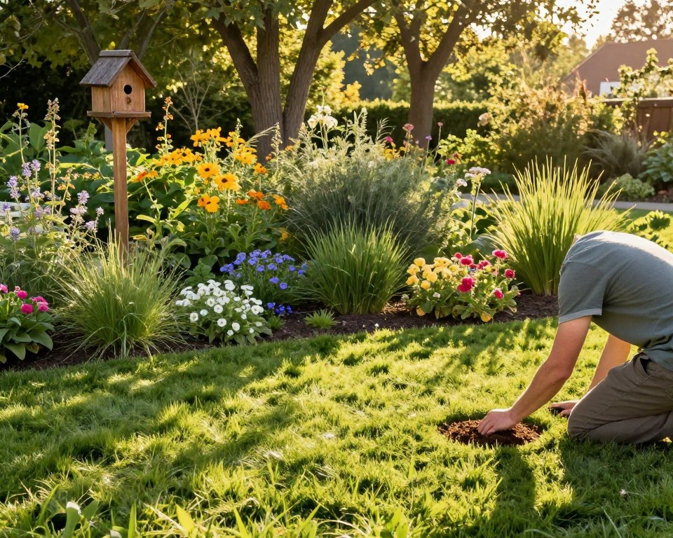 A vibrant, sunlit garden showcasing eco-friendly lawn care practices. In the foreground, a person in modest casual clothing is kneeling on soft grass, using organic compost to nourish the lawn. The middle ground features lush, green grass interspersed with colorful native wildflowers, promoting biodiversity. Nearby, a wooden birdhouse adds a charming touch, symbolizing wildlife support. In the background, tall trees cast dappled sunlight, enhancing the serene atmosphere. The scene is bathed in warm golden hour light, creating an inviting and tranquil mood. Shot from a slightly elevated angle to capture the interplay of colors and textures, emphasizing the harmony between nature and sustainable practices. A vibrant, sunlit garden showcasing eco-friendly lawn care practices. In the foreground, a person in modest casual clothing is kneeling on soft grass, using organic compost to nourish the lawn. The middle ground features lush, green grass interspersed with colorful native wildflowers, promoting biodiversity. Nearby, a wooden birdhouse adds a charming touch, symbolizing wildlife support. In the background, tall trees cast dappled sunlight, enhancing the serene atmosphere. The scene is bathed in warm golden hour light, creating an inviting and tranquil mood. Shot from a slightly elevated angle to capture the interplay of colors and textures, emphasizing the harmony between nature and sustainable practices.