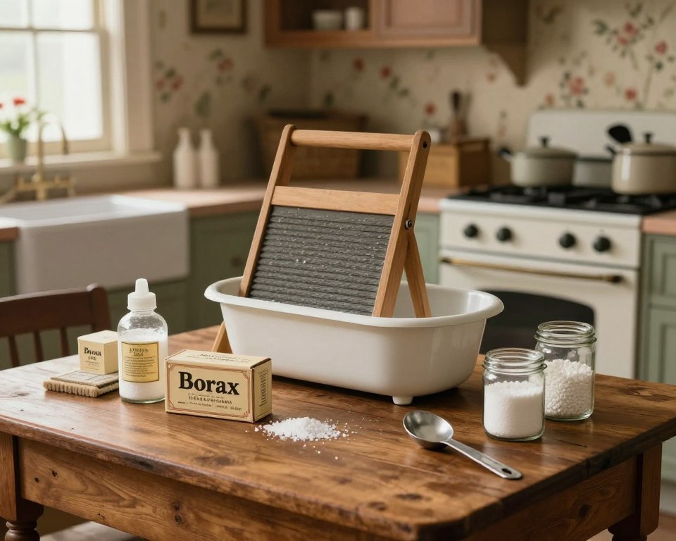 A vintage kitchen scene depicting the historical use of borax in American households. In the foreground, a wooden table laden with various authentic 19th-century cleaning products, including a box of borax, glass jars, and measuring spoons. In the middle, an old-fashioned laundry setup with a washboard and tub, suggesting the era's manual laundry practices. In the background, a cozy, well-lit kitchen with period-appropriate decor, including floral wallpaper and a stove. Warm, natural lighting filters through a window, casting soft shadows and creating a nostalgic atmosphere. The focus is on the simplicity and functionality of household cleaning in historical America, highlighting borax’s role as a staple product. The scene evokes a sense of history and domestic life, inviting viewers to reflect on past practices without any modern distractions.