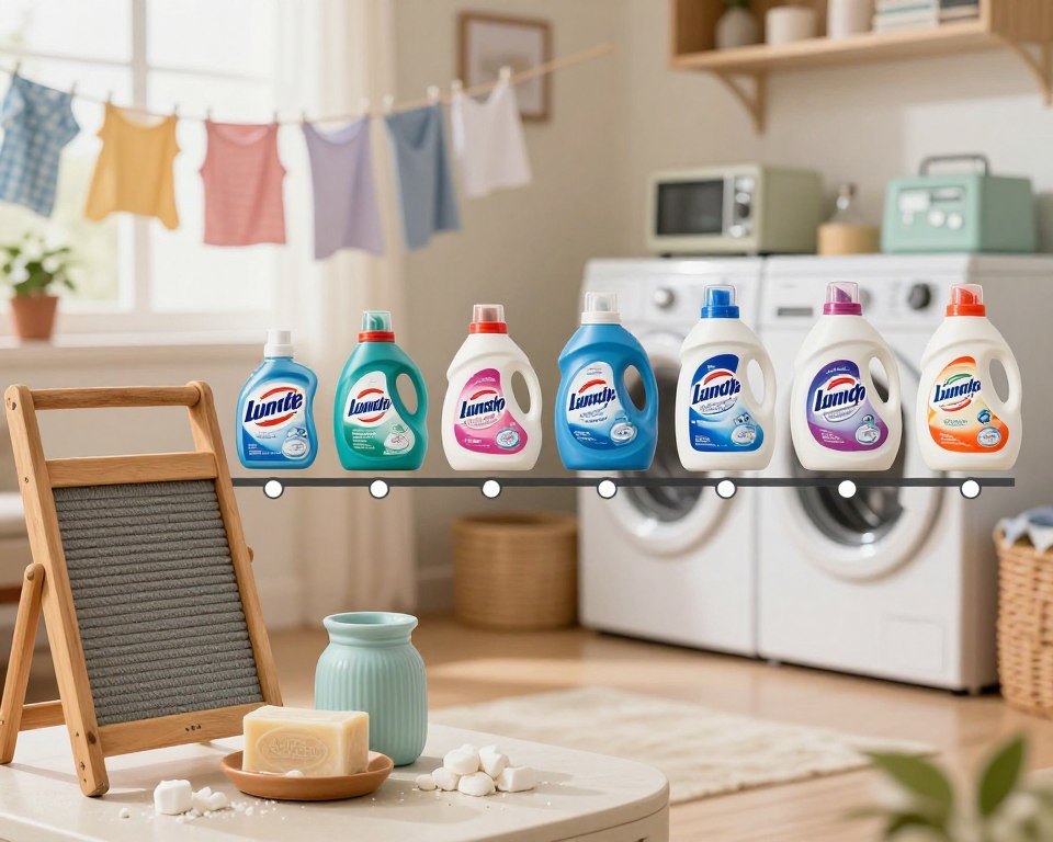 A visual timeline depicting the evolution of laundry detergents in the American household. Foreground features vintage laundry items, including early soap flakes and a rustic washboard. The middle ground shows iconic detergent brands from various decades, transitioning from powder to liquid forms, with stylishly designed packaging representing each era. The background features a cozy, brightly lit laundry room setting, with a clothesline and retro appliances, emphasizing a nostalgic yet modern feel. Soft, warm lighting enhances the inviting atmosphere, with a shallow depth of field to focus on the laundry products in the foreground. The overall mood is one of nostalgia and innovation, capturing the history of laundry detergents. A visual timeline depicting the evolution of laundry detergents in the American household. Foreground features vintage laundry items, including early soap flakes and a rustic washboard. The middle ground shows iconic detergent brands from various decades, transitioning from powder to liquid forms, with stylishly designed packaging representing each era. The background features a cozy, brightly lit laundry room setting, with a clothesline and retro appliances, emphasizing a nostalgic yet modern feel. Soft, warm lighting enhances the inviting atmosphere, with a shallow depth of field to focus on the laundry products in the foreground. The overall mood is one of nostalgia and innovation, capturing the history of laundry detergents.