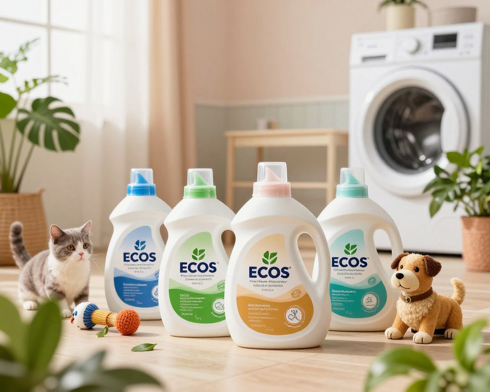A visually appealing arrangement of ECOS laundry detergent bottles prominently displayed in the foreground, showcasing labels that emphasize plant-based surfactants and eco-friendly ingredients. Surround the bottles with vibrant green plants and natural elements, evoking a sense of safety and wellness for homes with pets. In the middle ground, include a few cat and dog toys to symbolize pet-friendly living. The background features a soft, sunlit laundry room with pastel colors and gentle textures, creating a warm and inviting atmosphere. Use bright, natural lighting to enhance the freshness of the scene. Capture the image at a slightly elevated angle to provide a comprehensive view of the products and their organic setting, reflecting a commitment to safe and sustainable household choices. A visually appealing arrangement of ECOS laundry detergent bottles prominently displayed in the foreground, showcasing labels that emphasize plant-based surfactants and eco-friendly ingredients. Surround the bottles with vibrant green plants and natural elements, evoking a sense of safety and wellness for homes with pets. In the middle ground, include a few cat and dog toys to symbolize pet-friendly living. The background features a soft, sunlit laundry room with pastel colors and gentle textures, creating a warm and inviting atmosphere. Use bright, natural lighting to enhance the freshness of the scene. Capture the image at a slightly elevated angle to provide a comprehensive view of the products and their organic setting, reflecting a commitment to safe and sustainable household choices.