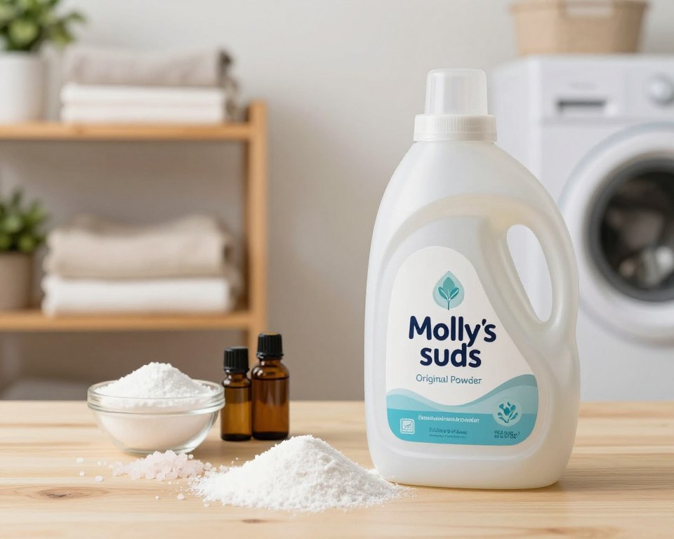A visually appealing arrangement of Molly’s Suds Original Laundry Powder, showcased in a clear, eco-friendly container, placed prominently in the foreground. In the middle ground, there are natural ingredients such as baking soda, sea salt, and essential oils artfully arranged to emphasize the powder’s safety and efficacy. The background features a softly lit, minimalistic laundry space with wooden shelves displaying fresh, clean linens and cotton clothes, evoking a clean and wholesome atmosphere. The lighting is warm and inviting, highlighting the textures of the natural detergent and ingredients. A subtle hint of greenery, like potted plants or herbs, adds to the natural vibe. The composition should feel fresh, inviting, and eco-conscious, capturing the essence of a safe and effective laundry solution. A visually appealing arrangement of Molly’s Suds Original Laundry Powder, showcased in a clear, eco-friendly container, placed prominently in the foreground. In the middle ground, there are natural ingredients such as baking soda, sea salt, and essential oils artfully arranged to emphasize the powder’s safety and efficacy. The background features a softly lit, minimalistic laundry space with wooden shelves displaying fresh, clean linens and cotton clothes, evoking a clean and wholesome atmosphere. The lighting is warm and inviting, highlighting the textures of the natural detergent and ingredients. A subtle hint of greenery, like potted plants or herbs, adds to the natural vibe. The composition should feel fresh, inviting, and eco-conscious, capturing the essence of a safe and effective laundry solution.
