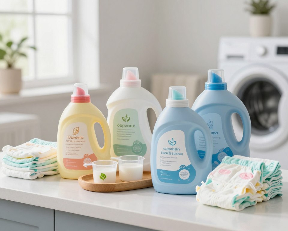 A visually appealing arrangement of eco-friendly laundry detergents specifically designed for cloth diapers, placed prominently on a clean, bright countertop. In the foreground, colorful detergent bottles with labels highlighting natural ingredients and hypoallergenic properties, surrounded by soft cloth diapers in pastel colors. In the middle ground, a small wooden tray with measuring cups and plant-based stain removers, conveying a sense of organization and care. The background features a soft-focus laundry room setting with natural light streaming in from a nearby window, enhancing the clean and safe atmosphere. The overall mood is calming and inviting, reflecting a commitment to both deep cleaning and chemical safety for families. A visually appealing arrangement of eco-friendly laundry detergents specifically designed for cloth diapers, placed prominently on a clean, bright countertop. In the foreground, colorful detergent bottles with labels highlighting natural ingredients and hypoallergenic properties, surrounded by soft cloth diapers in pastel colors. In the middle ground, a small wooden tray with measuring cups and plant-based stain removers, conveying a sense of organization and care. The background features a soft-focus laundry room setting with natural light streaming in from a nearby window, enhancing the clean and safe atmosphere. The overall mood is calming and inviting, reflecting a commitment to both deep cleaning and chemical safety for families.