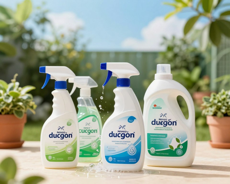 A visually appealing arrangement of non-hazardous pressure washer detergents in various eco-friendly packaging, prominently displayed on a clean surface. In the foreground, focus on three bottles: one with a pump spray nozzle, another with a sleek, modern design, and a third in a biodegradable container. The middle ground features a gentle cascade of bubbles emanating from the bottles, symbolizing safety and cleanliness. In the background, a sunlit garden scene creates a fresh and vibrant atmosphere, with potted plants and a clear blue sky visible. The image should be captured with soft, natural lighting to enhance the colors and textures of the detergents, while maintaining a professional, inviting feel perfect for educating readers about non-hazardous cleaning solutions.